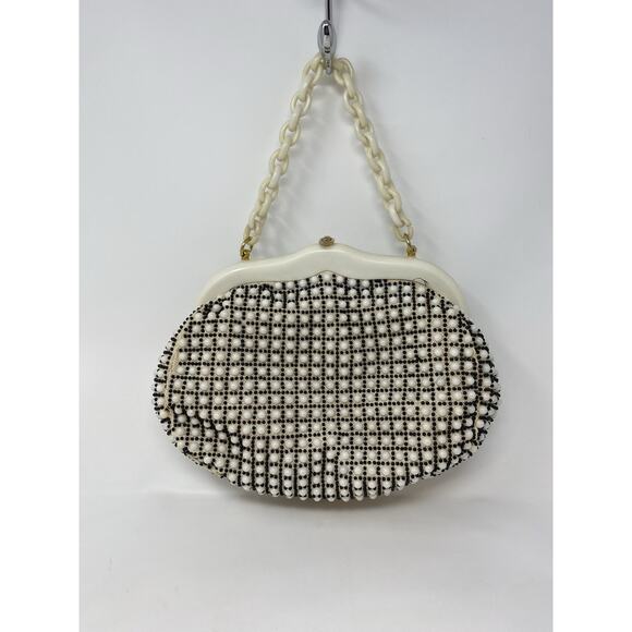 Vintage 1950s Beaded Lucite Bag Purse Cream Handmade Hong Kong Chain Handle - Picture 1 of 10